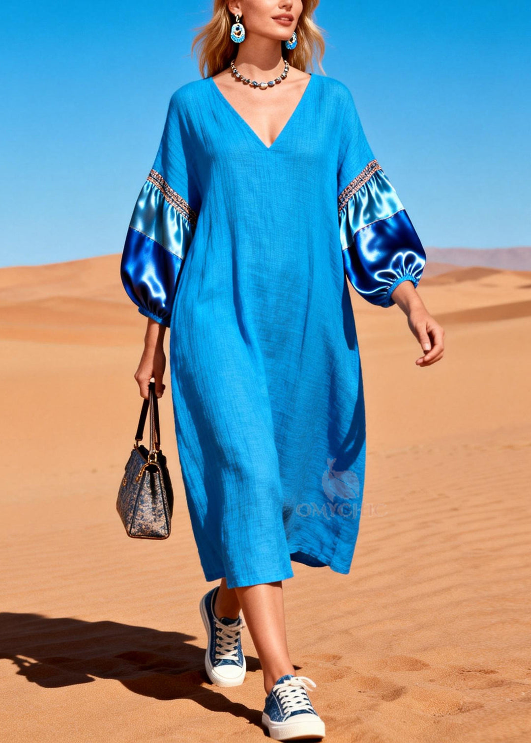 French Blue Oversized Patchwork Cotton Dresses Lantern Sleeve