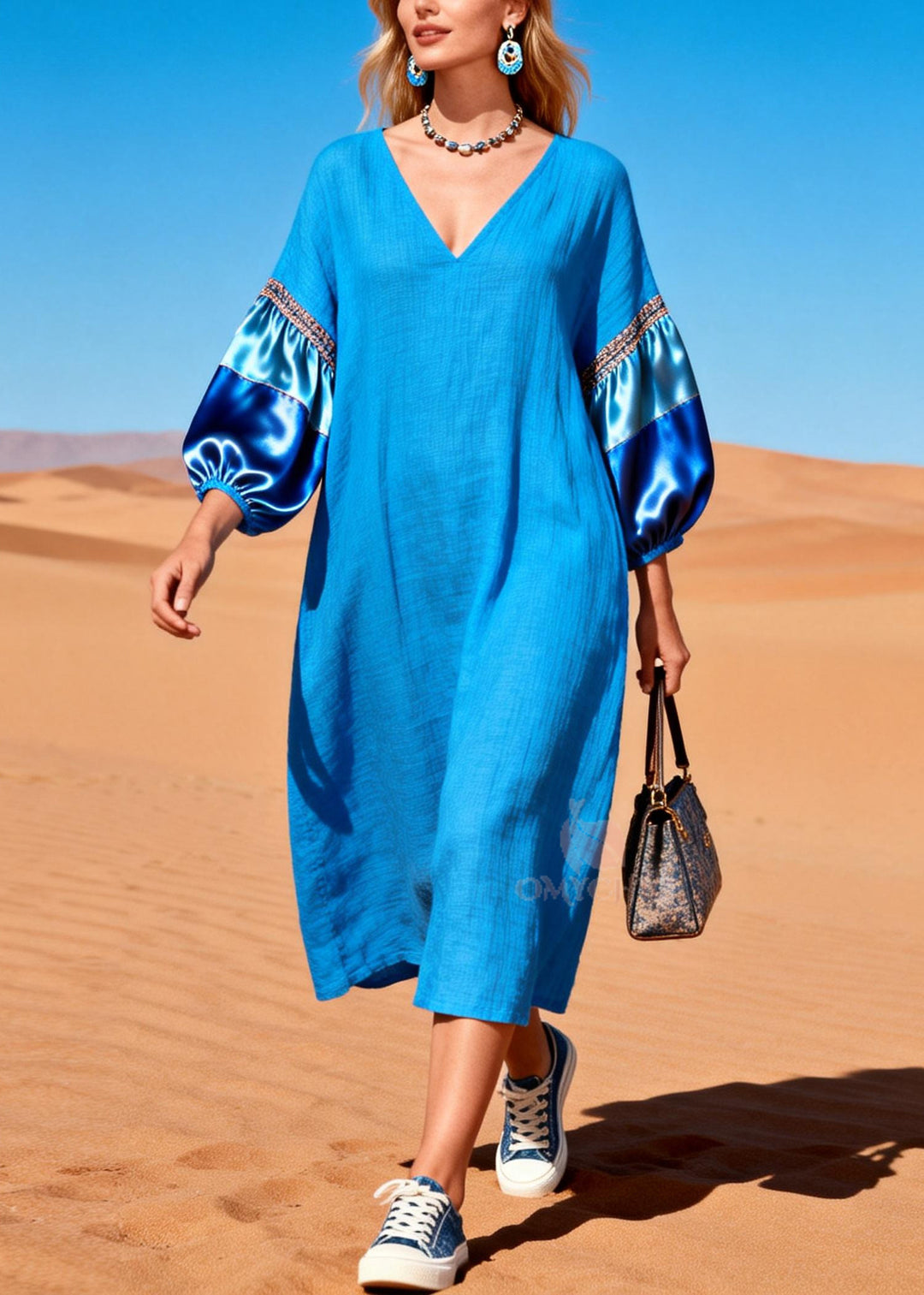 French Blue Oversized Patchwork Cotton Dresses Lantern Sleeve