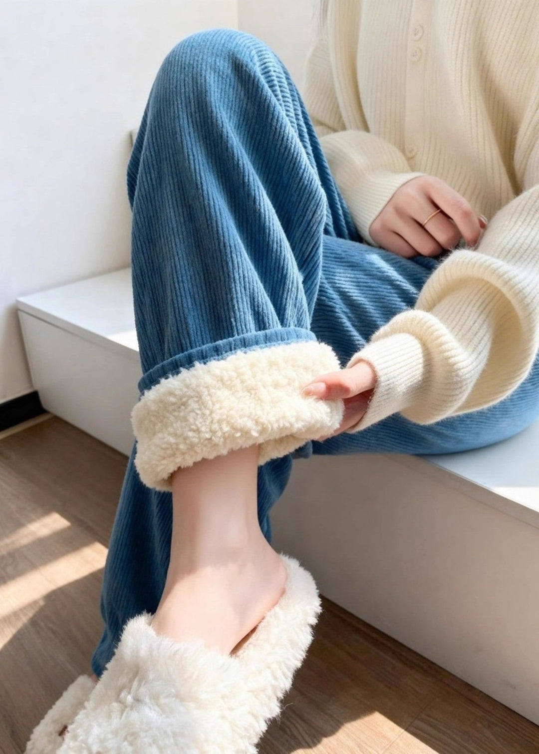 French Blue Patchwork High Waist Corduroy Wide Leg Fleece Pants Winter