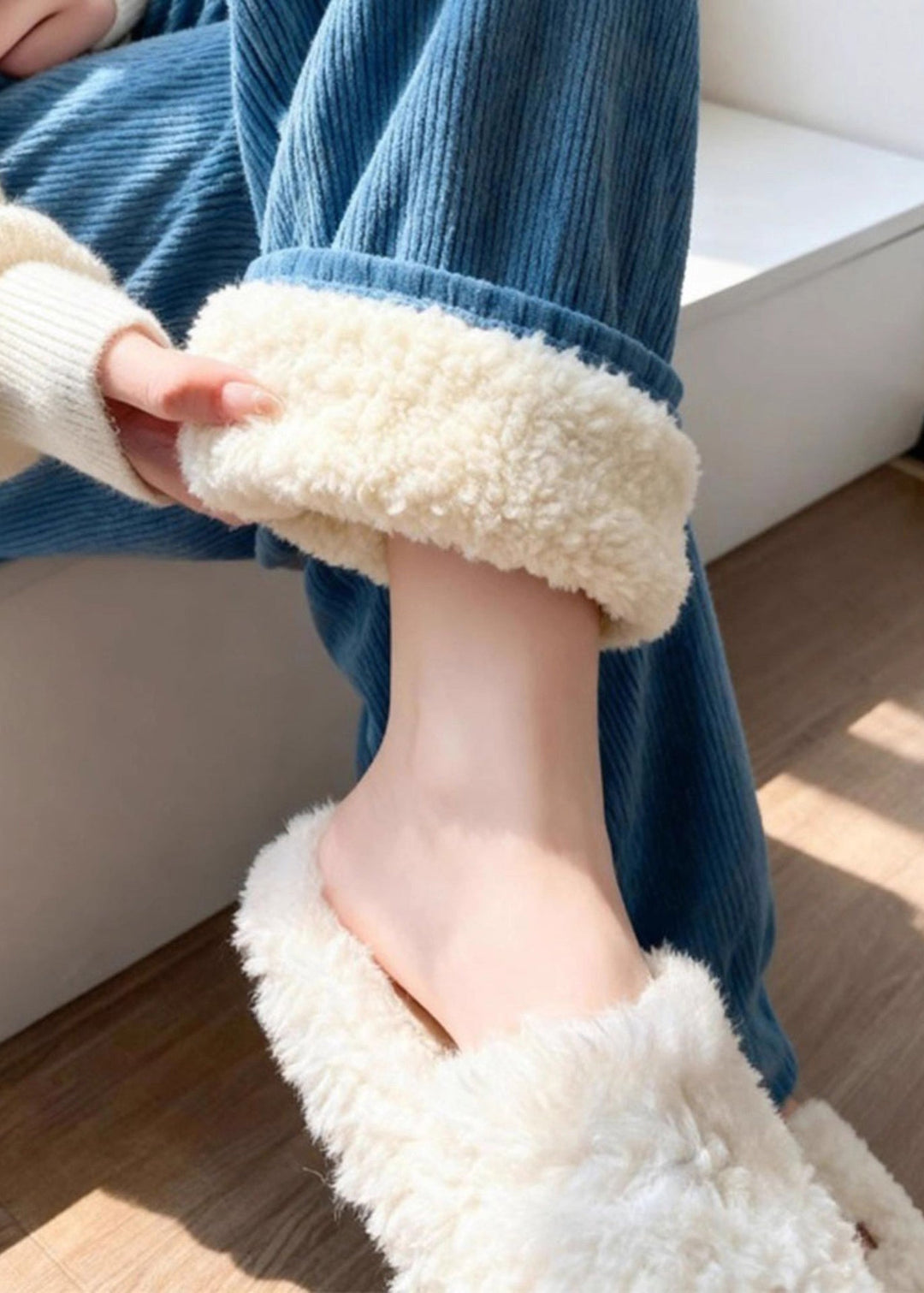 French Blue Patchwork High Waist Corduroy Wide Leg Fleece Pants Winter