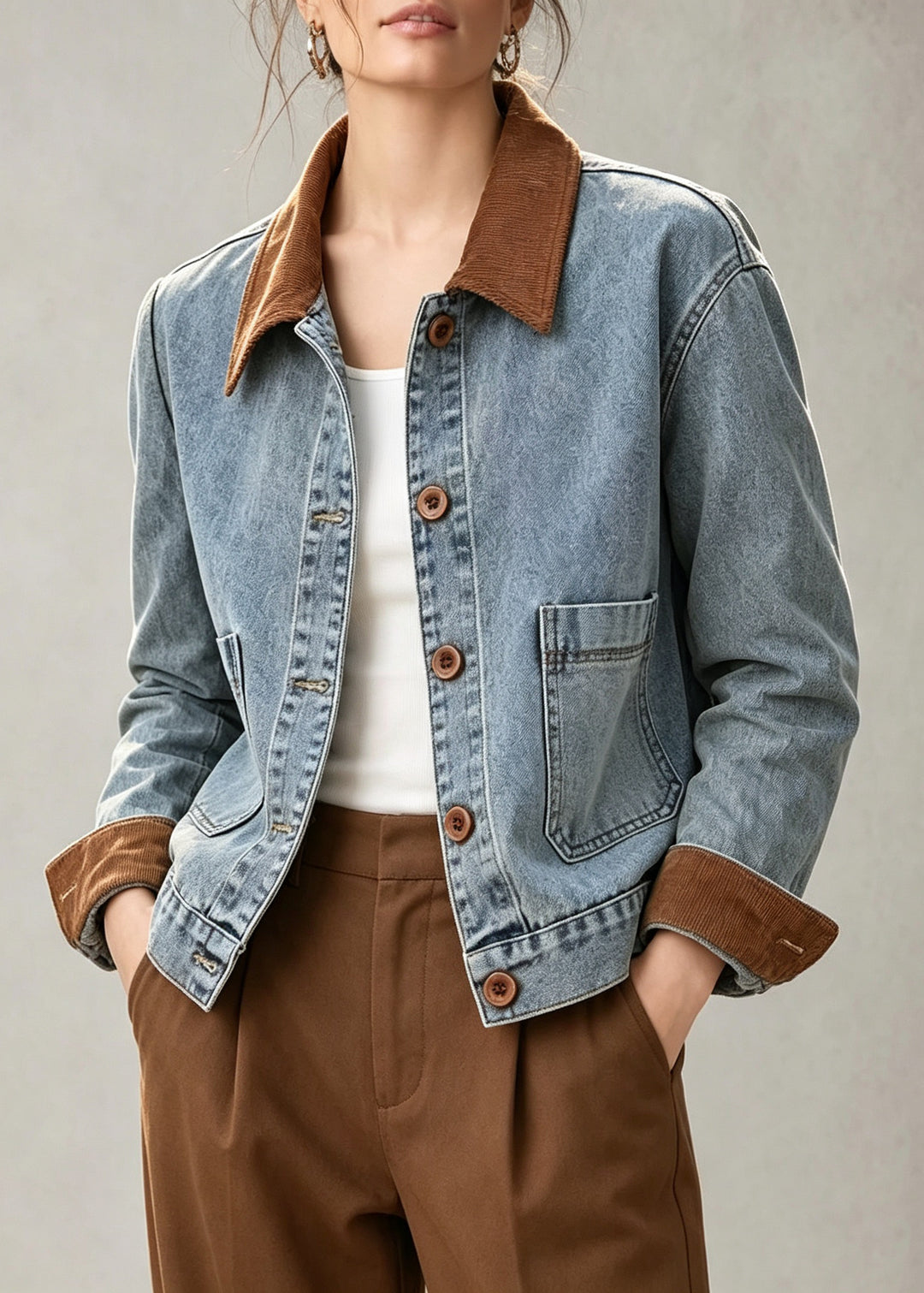 French Blue Peter Pan Collar Pockets Patchwork Denim Jackets Fall