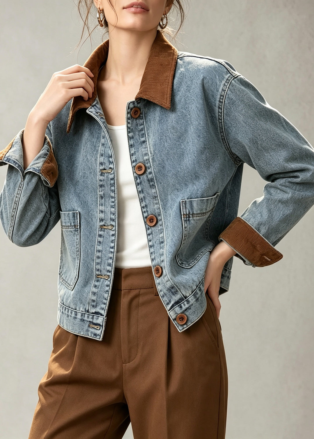 French Blue Peter Pan Collar Pockets Patchwork Denim Jackets Fall