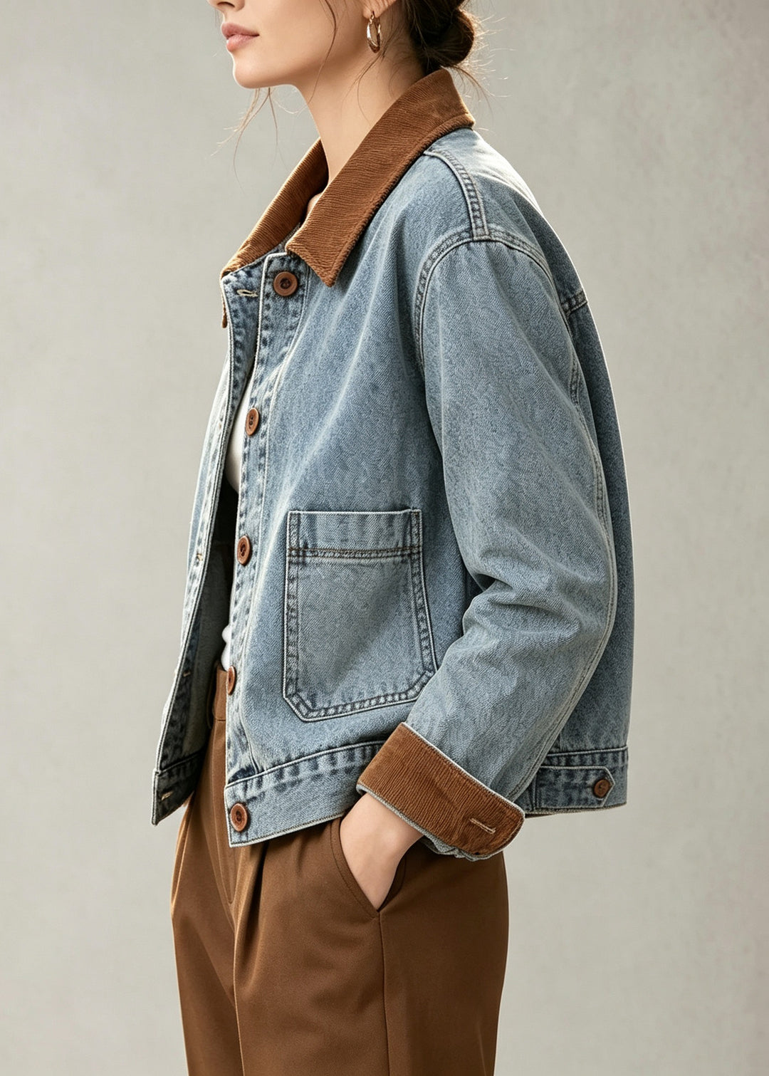 French Blue Peter Pan Collar Pockets Patchwork Denim Jackets Fall