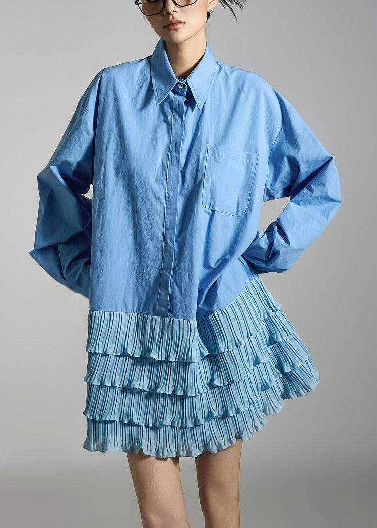 French Blue Peter Pan Collar Wrinkled Patchwork Cotton Mid Dress Fall