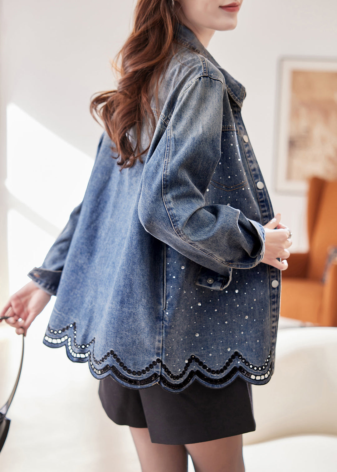 French Blue Peter Pan Collar Zircon Hollow Out Denim Coats Fall