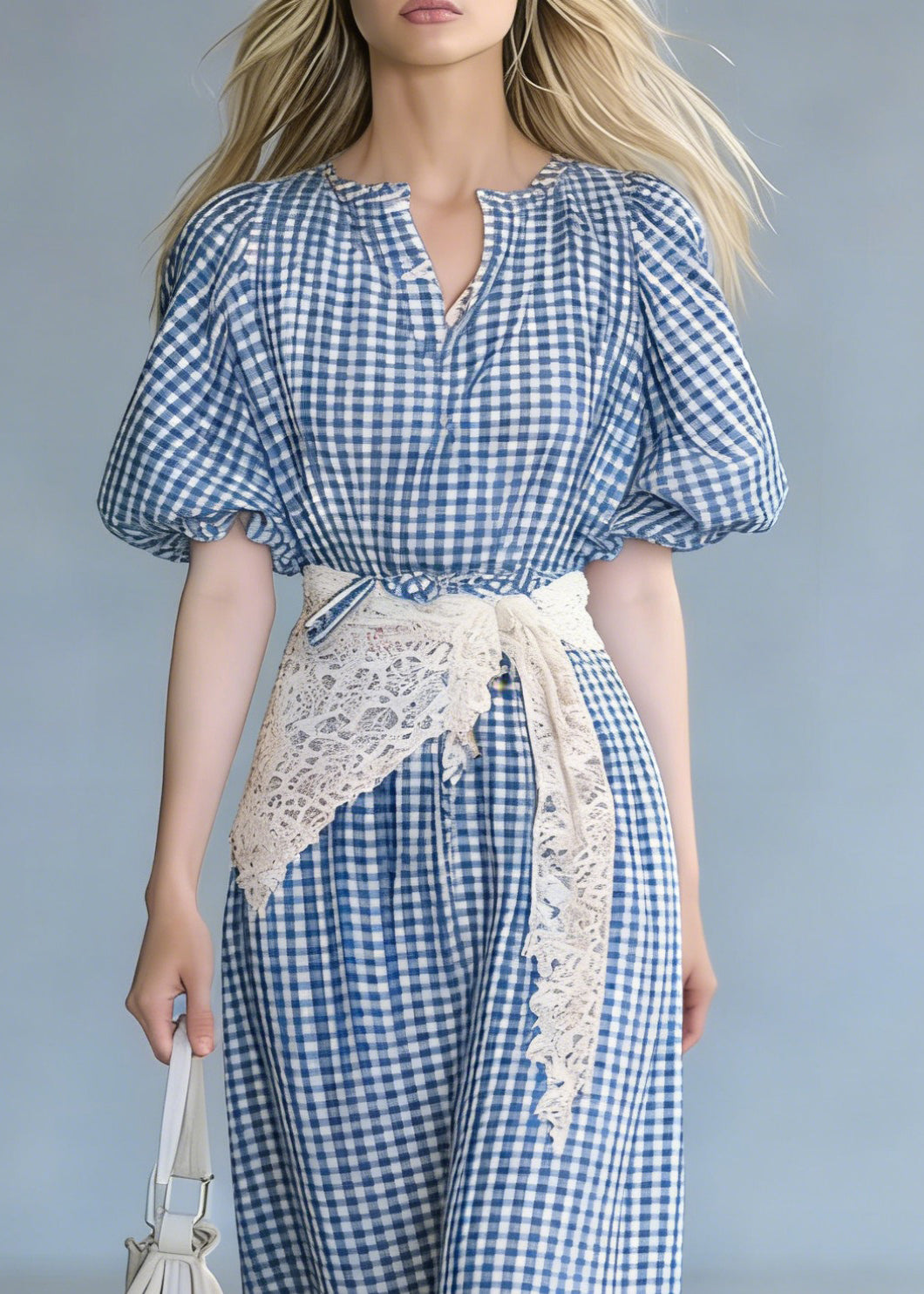 French Blue Plaid Tie Waist Cotton Long Dresses Puff Sleeve - Omychic
