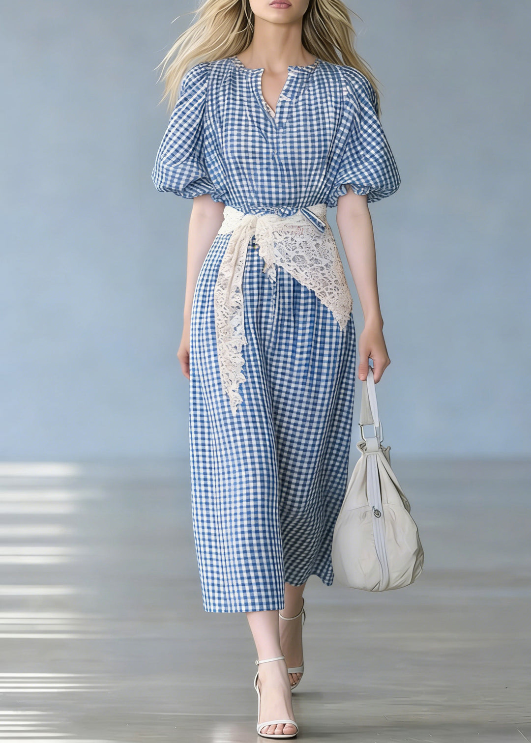 French Blue Plaid Tie Waist Cotton Long Dresses Puff Sleeve - Omychic