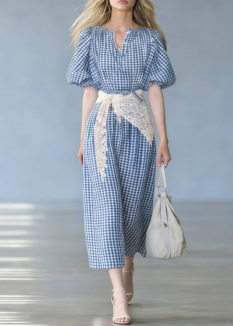 French Blue Plaid Tie Waist Cotton Long Dresses Puff Sleeve - Omychic