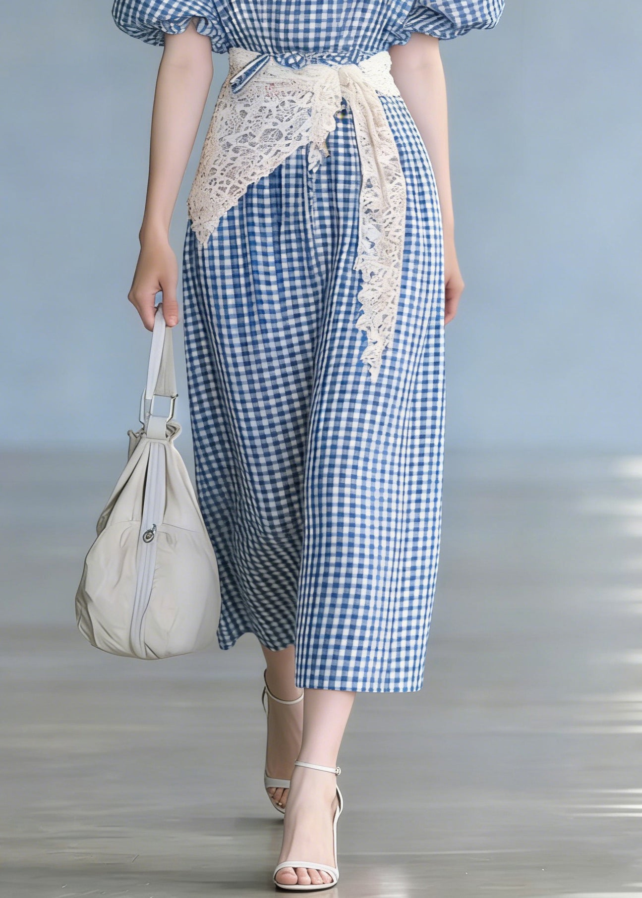 French Blue Plaid Tie Waist Cotton Long Dresses Puff Sleeve - Omychic