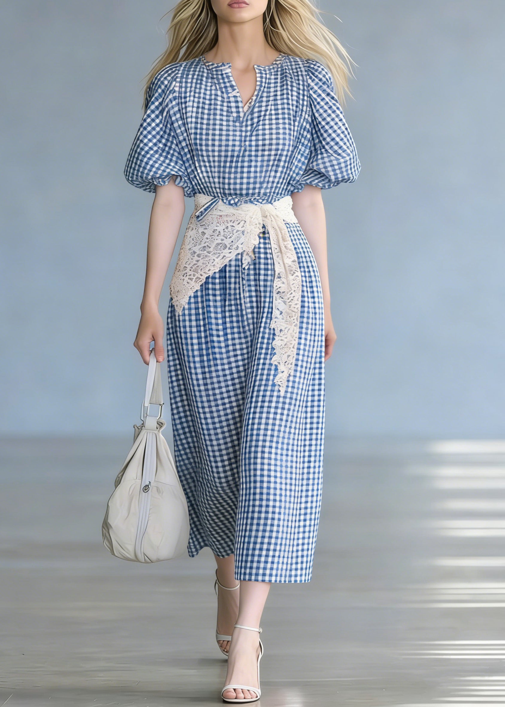 French Blue Plaid Tie Waist Cotton Long Dresses Puff Sleeve - Omychic