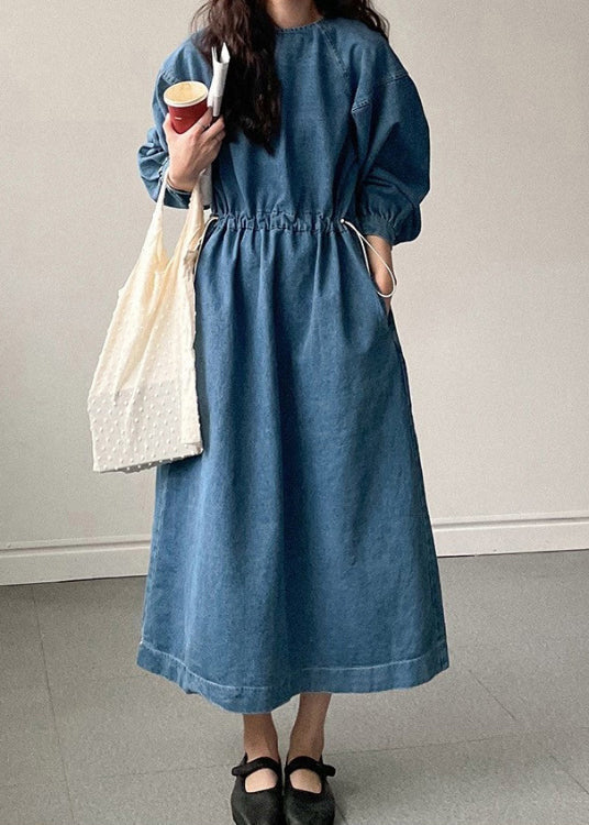 French Blue Pockets Drawstring Denim Long Dresses Fall