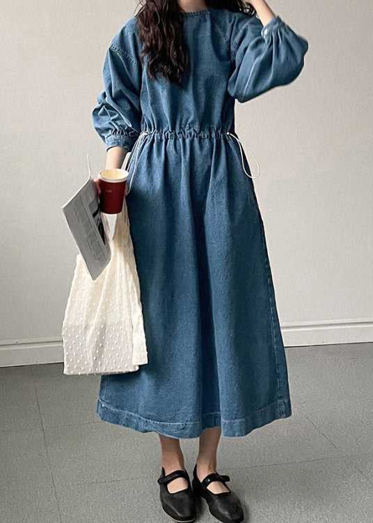 French Blue Pockets Drawstring Denim Long Dresses Fall