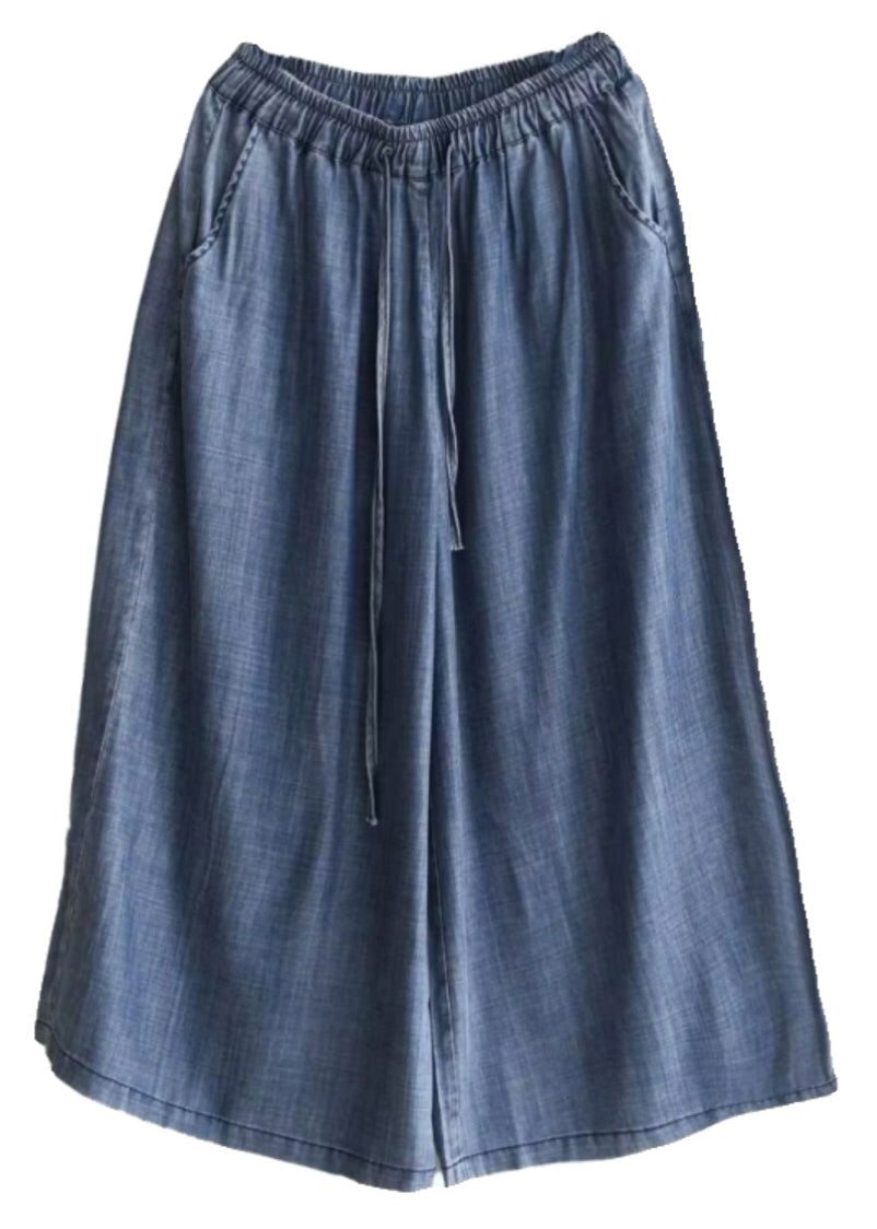 French Blue Pockets Elastic Waist Cotton Denim Crop Pants Summer