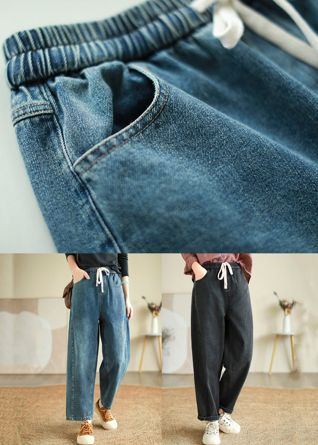French Blue Pockets High Waist Denim Crop Pants Spring