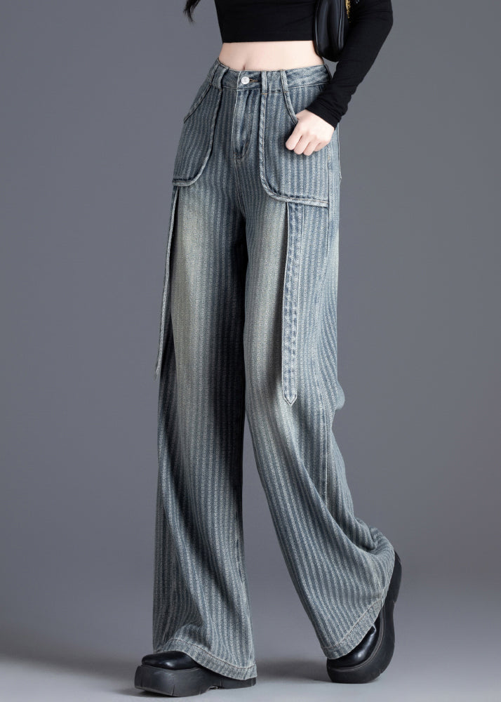 French Blue Pockets Jacquard Patchwork Denim Straight Spring