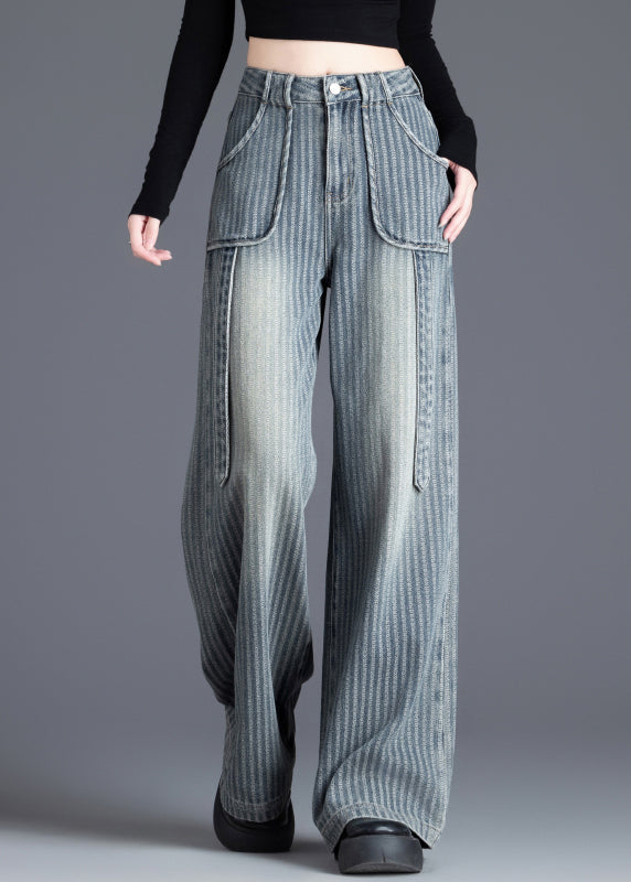 French Blue Pockets Jacquard Patchwork Denim Straight Spring