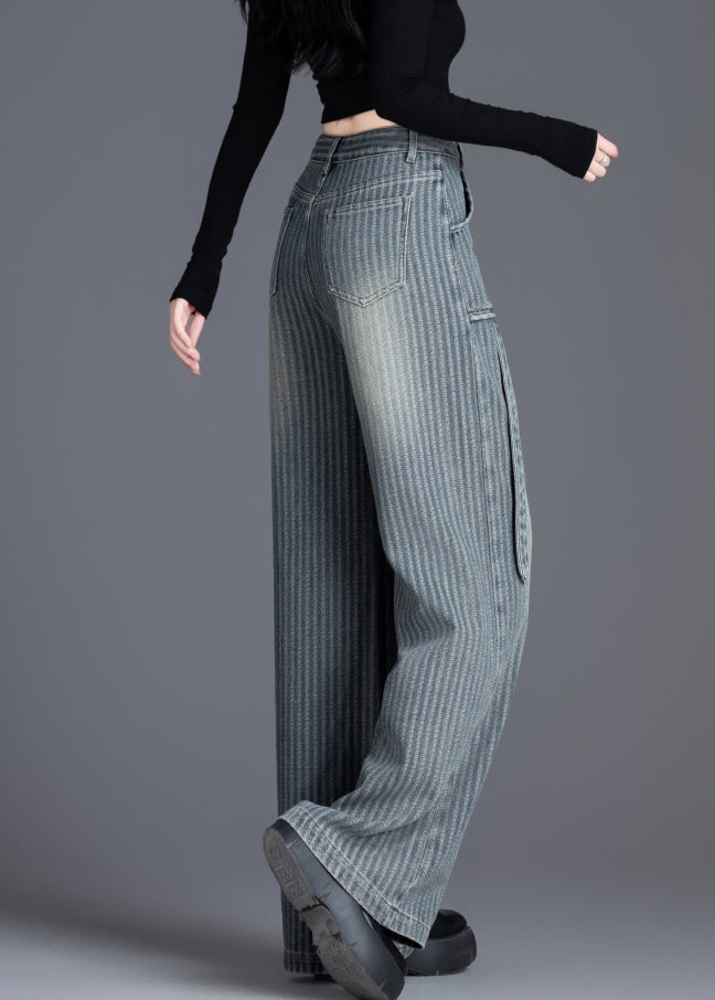 French Blue Pockets Jacquard Patchwork Denim Straight Spring