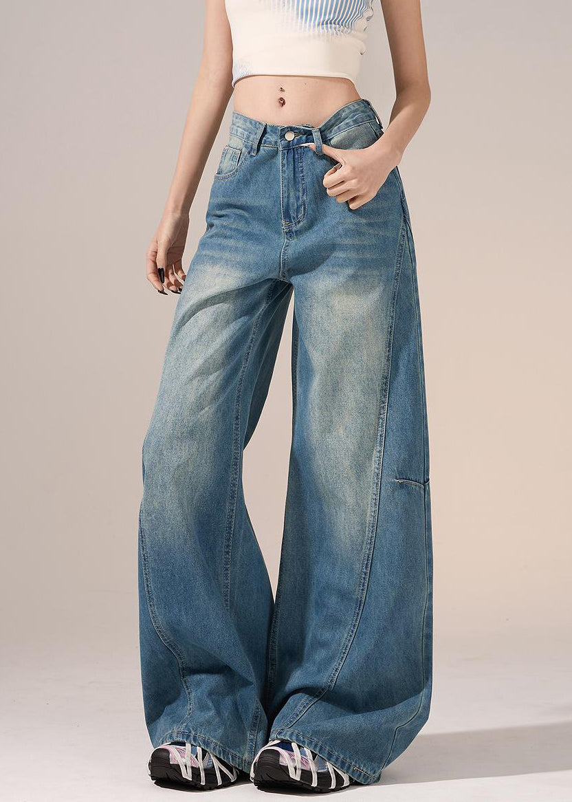 French Blue Pockets Lace Patchwork Denim Pants Spring