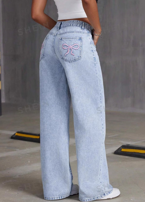 French Blue Pockets Patchwork Wide Leg Denim Pants Fall