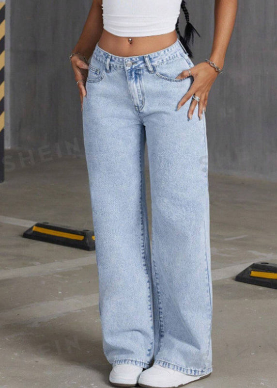 French Blue Pockets Patchwork Wide Leg Denim Pants Fall