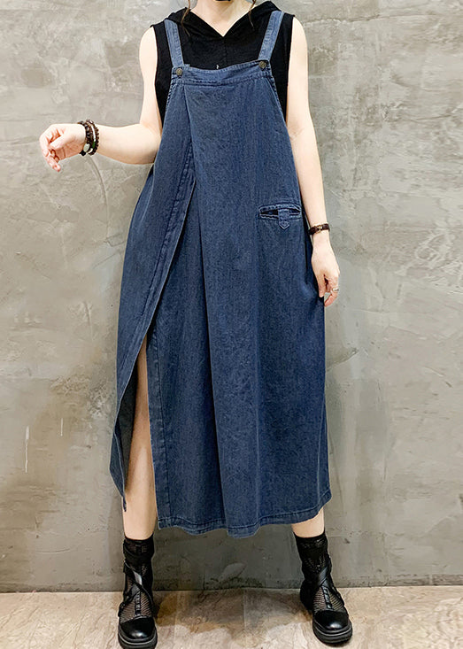 French Blue Pockets Side Open Denim Straps Dress Sleeveless