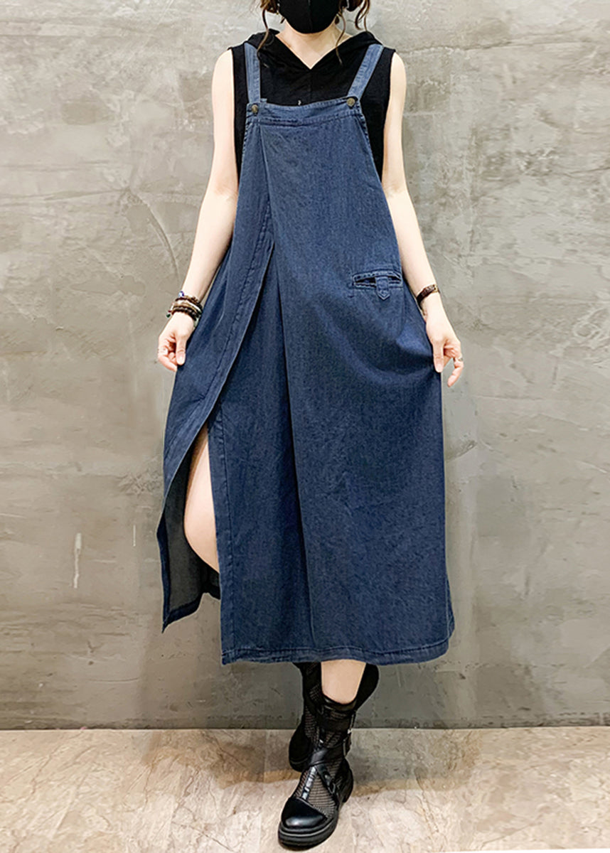 French Blue Pockets Side Open Denim Straps Dress Sleeveless