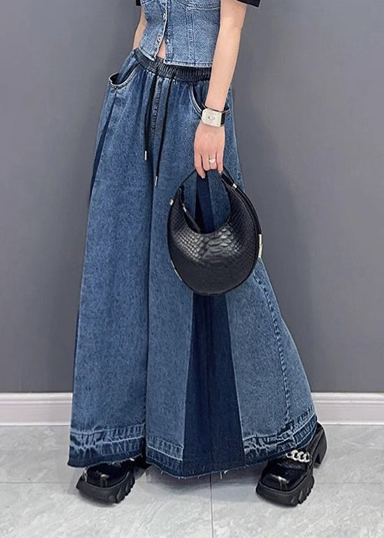 French Blue Pockets Wrinkled Patchwork Denim Wide Leg Pants Summer
