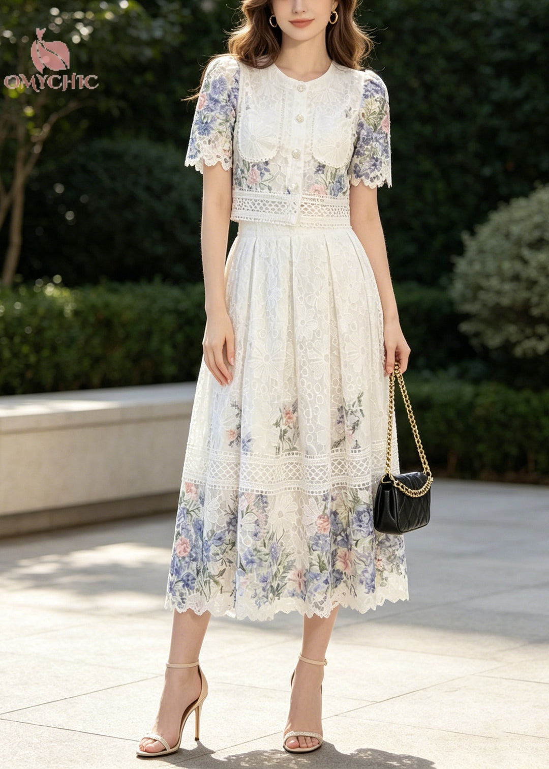 French Blue Print Lace Shirts And Skirts 2 Piece Outfit Summer
