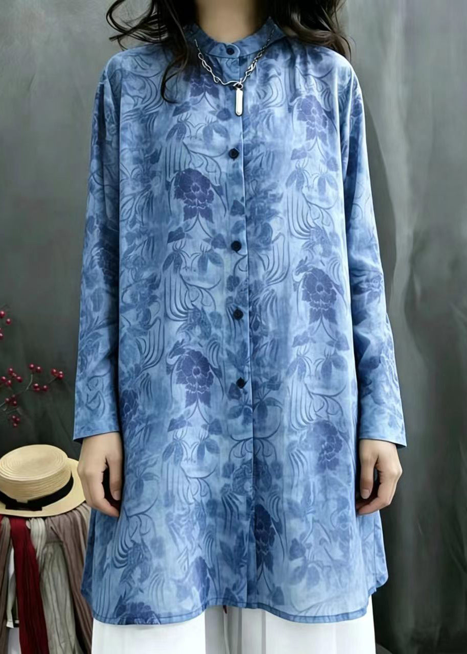 French Blue Print Stand Collar Long Blouse Top Spring