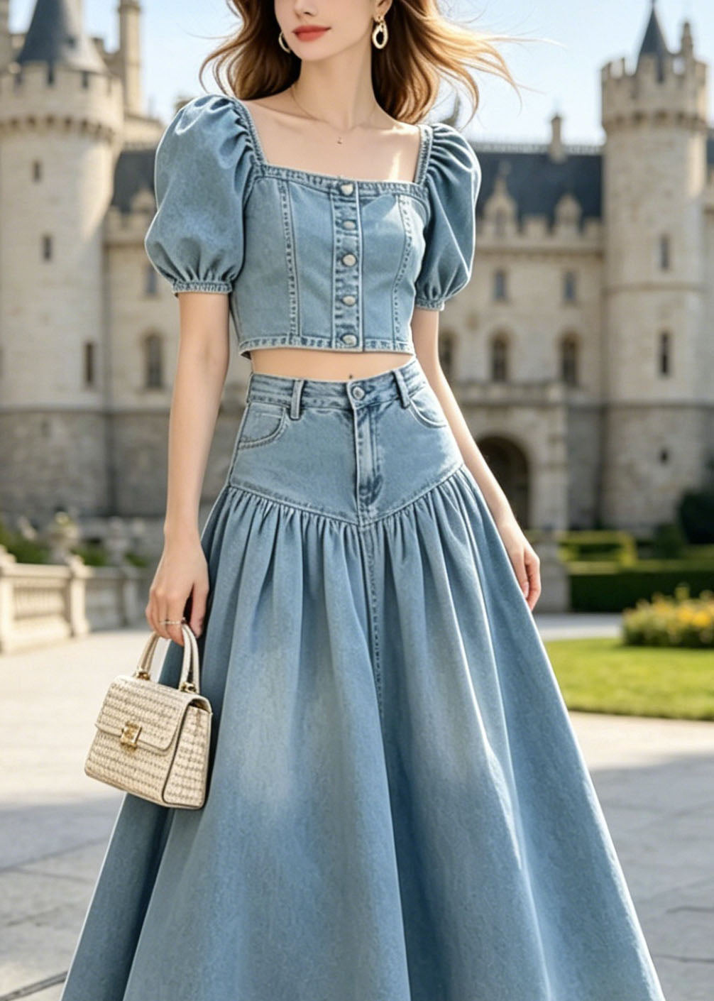 French Blue Puff Sleeve Wrinkled Patchwork Denim Two Piece Set Outfits
