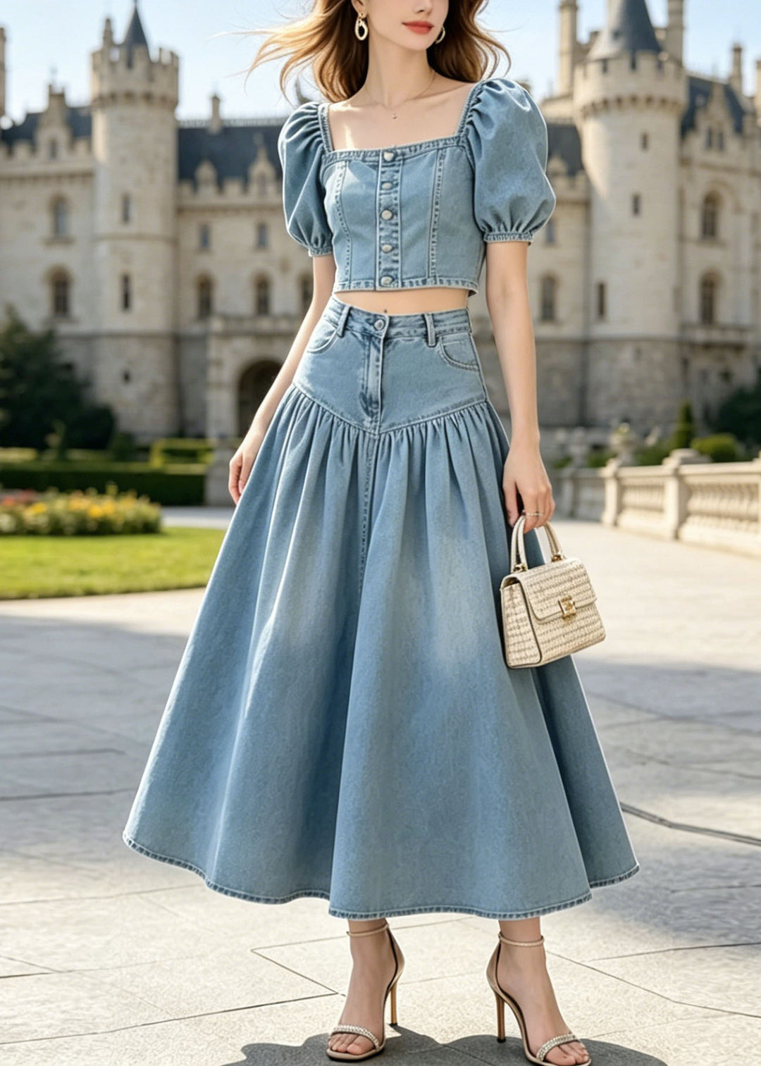 French Blue Puff Sleeve Wrinkled Patchwork Denim Two Piece Set Outfits
