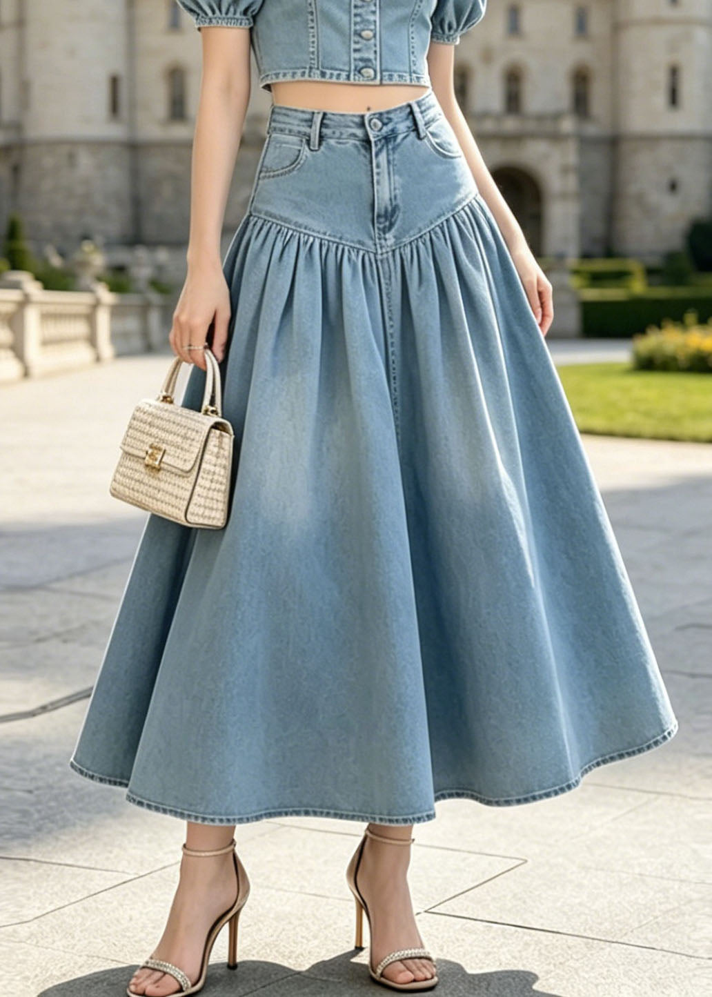 French Blue Puff Sleeve Wrinkled Patchwork Denim Two Piece Set Outfits