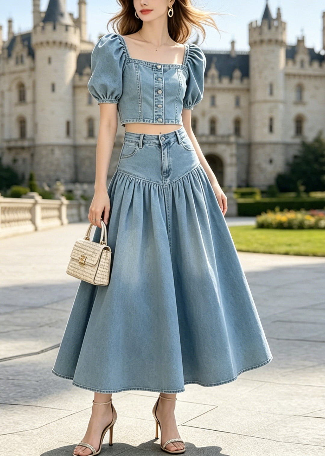 French Blue Puff Sleeve Wrinkled Patchwork Denim Two Piece Set Outfits