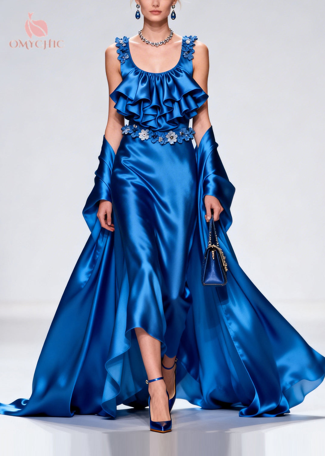 French Blue Ruffled Exra Large Hem Silk Party Dresses Summer