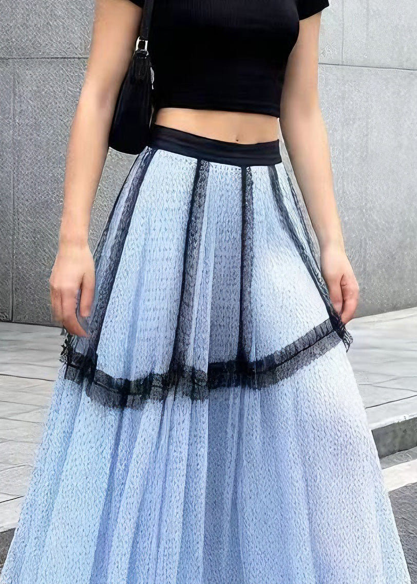 French Blue Ruffled Patchwork Tulle Skirts Summer