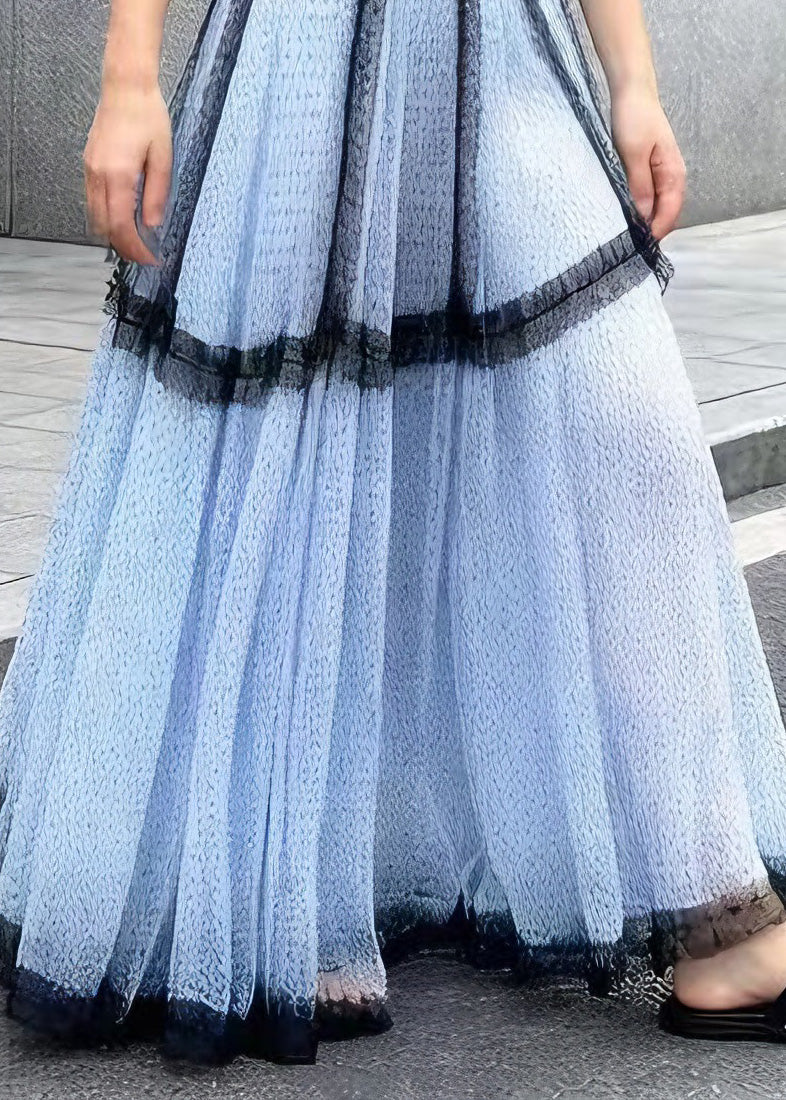 French Blue Ruffled Patchwork Tulle Skirts Summer