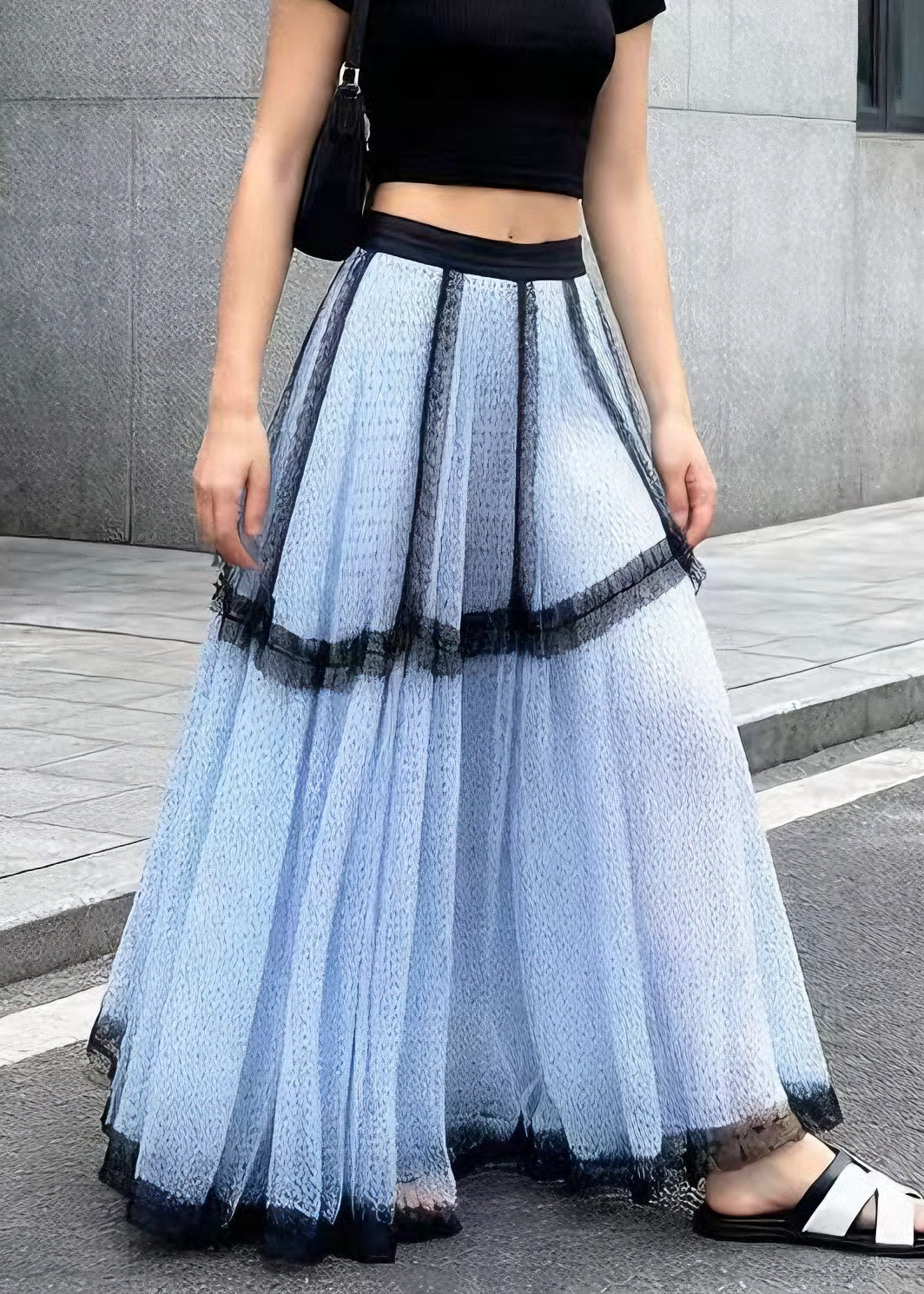 French Blue Ruffled Patchwork Tulle Skirts Summer