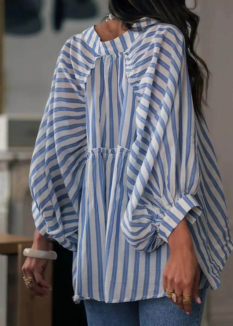 French Blue Ruffled Striped Cotton Shirt Lantern Sleeve