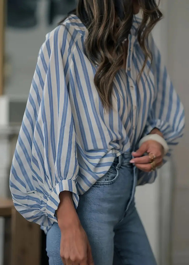 French Blue Ruffled Striped Cotton Shirt Lantern Sleeve