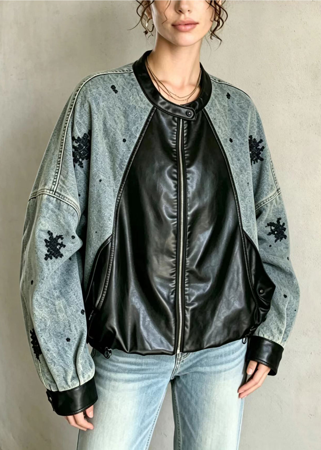French Blue Sequins Denim Patchwork Faux Leather Jacket Fall