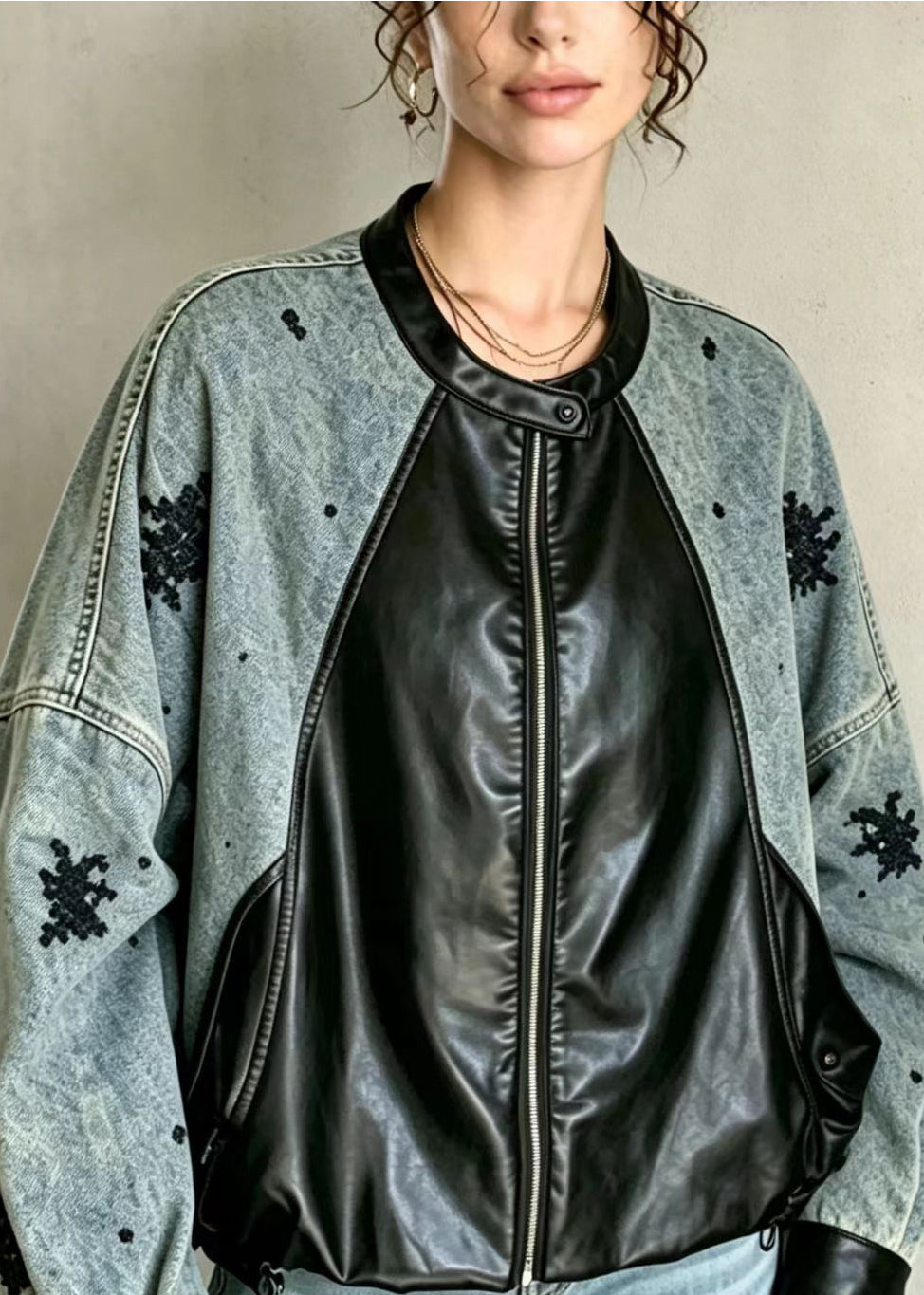 French Blue Sequins Denim Patchwork Faux Leather Jacket Fall