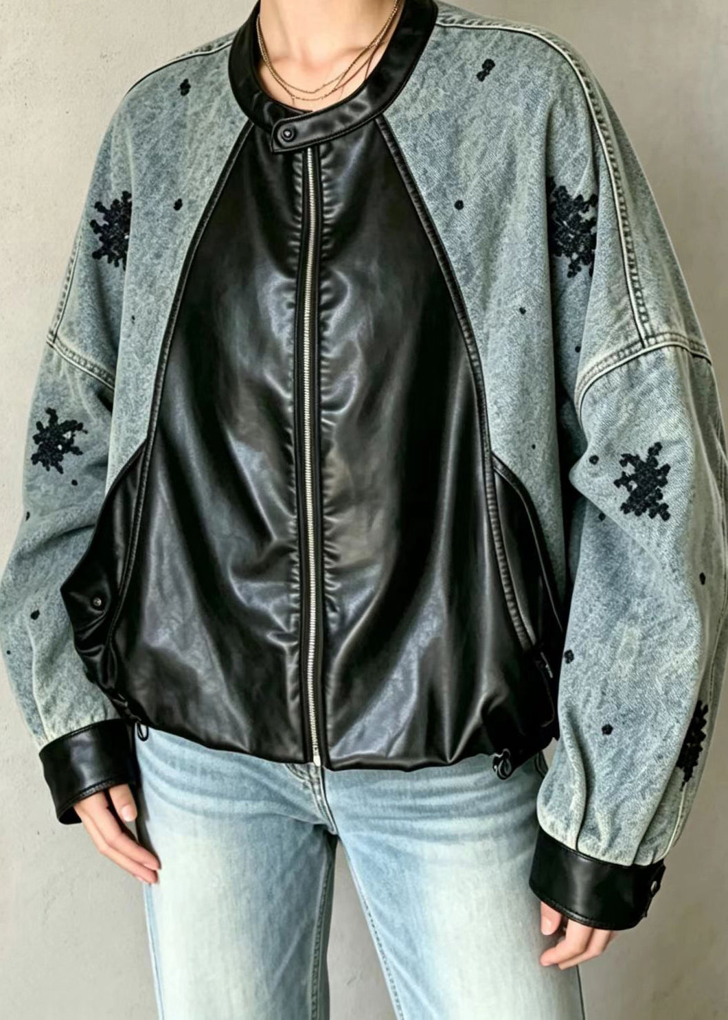 French Blue Sequins Denim Patchwork Faux Leather Jacket Fall