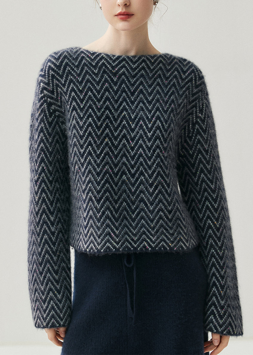 French Blue Slash Neck Striped Thick Cotton Knit Sweaters Fall