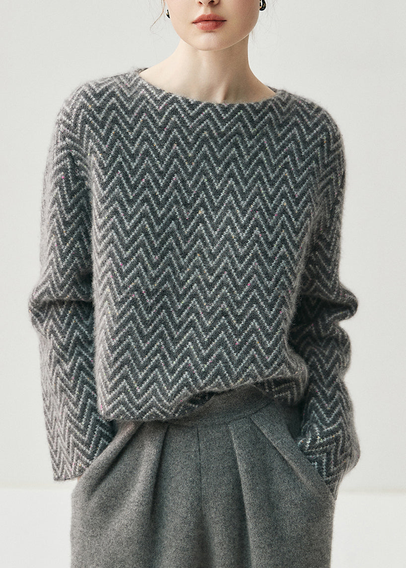 French Blue Slash Neck Striped Thick Cotton Knit Sweaters Fall