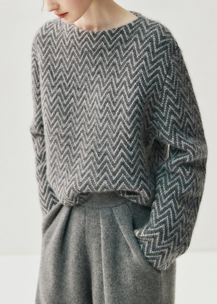 French Blue Slash Neck Striped Thick Cotton Knit Sweaters Fall