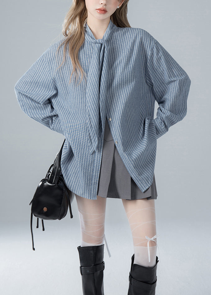French Blue Striped Bow Cotton Shirts Spring