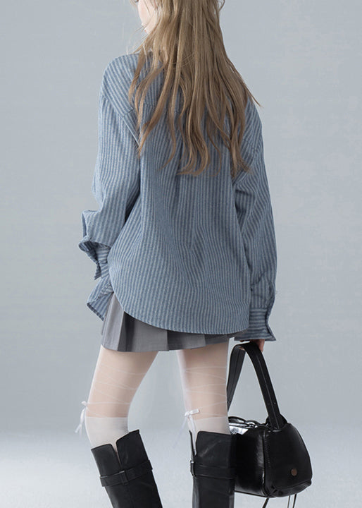 French Blue Striped Bow Cotton Shirts Spring