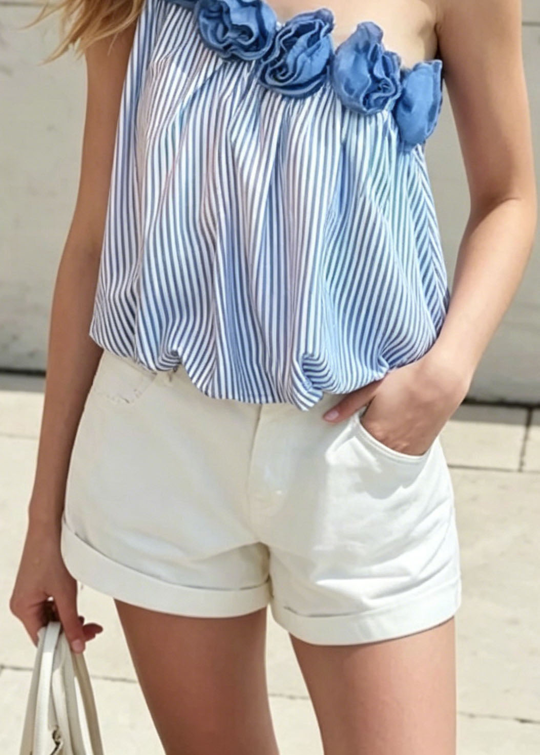 French Blue Striped One Shoulder Floral Cotton Shirt Top Summer