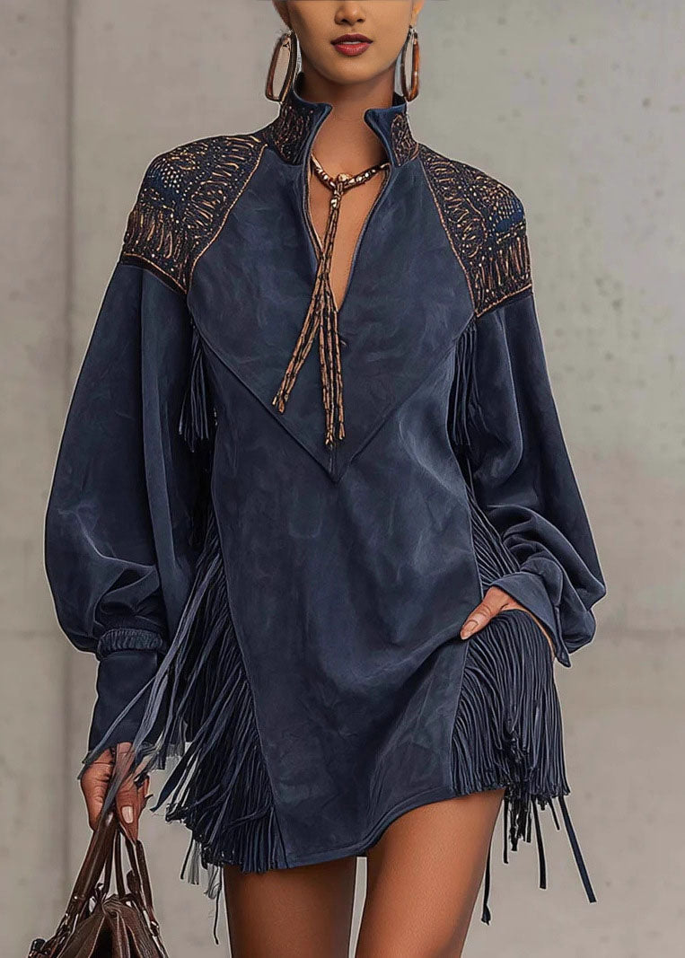 French Blue Tasseled Embroidered Patchwork Faux Suede Dresses Fall