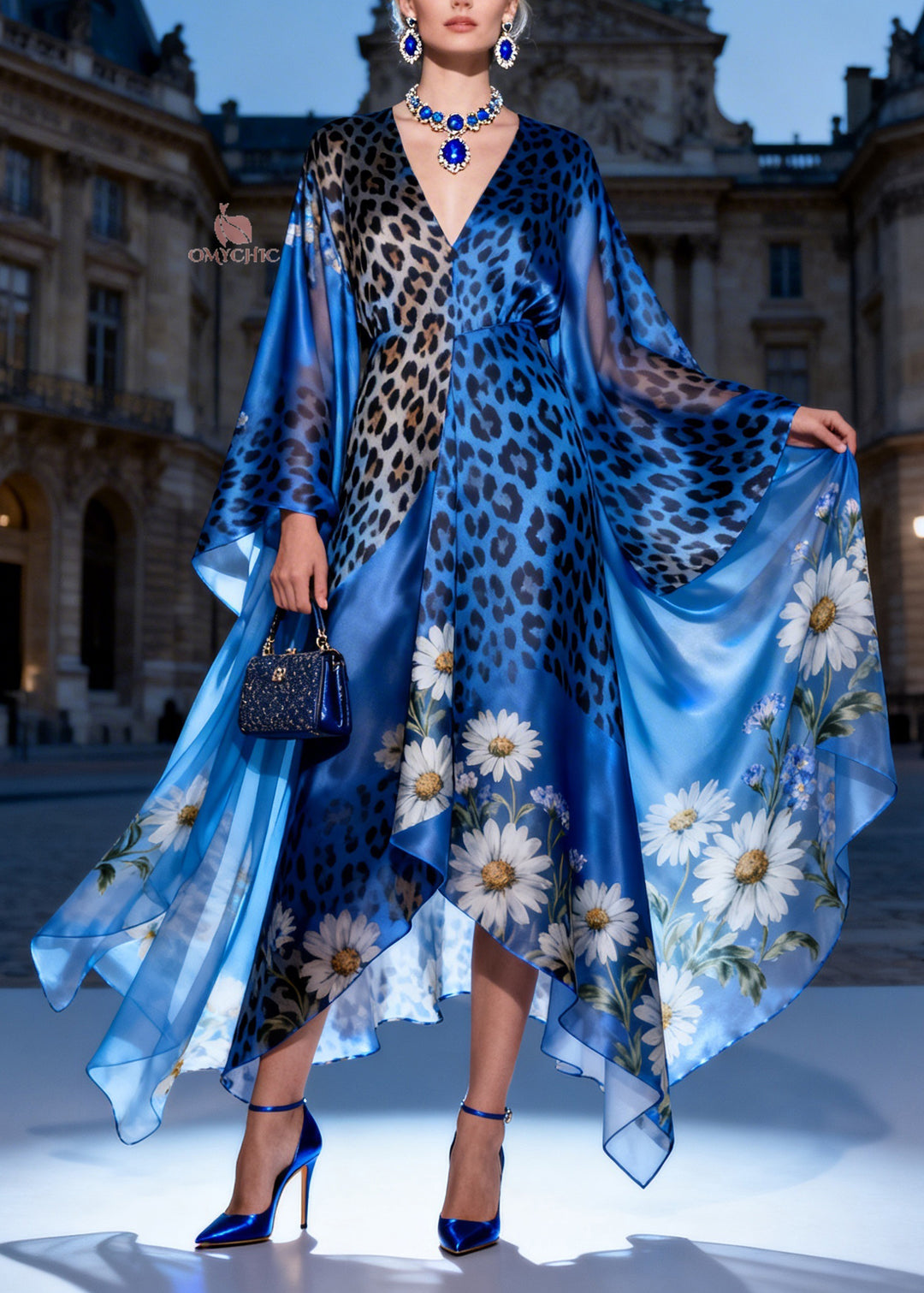 French Blue V Neck Asymmetrical Design Print Silk Long Dress Summer